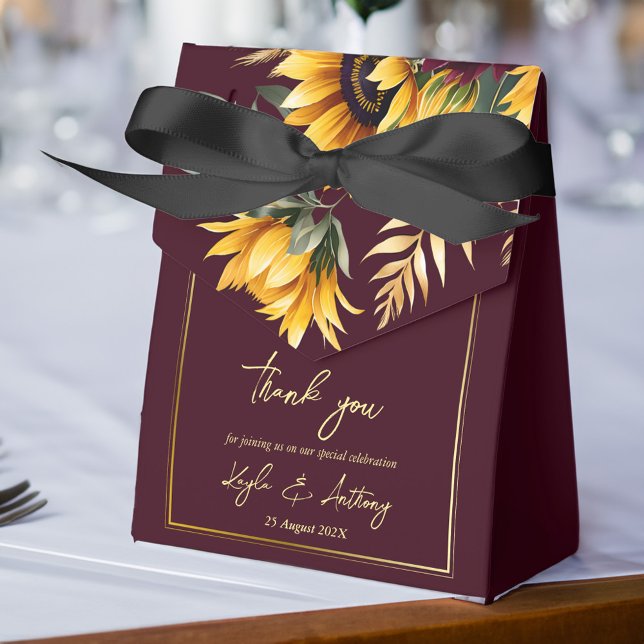Sonnenblumen fallen Sommer Hochzeitsburgund Geschenkschachtel (Sunflower wedding favors burgundy favor box fall summer wedding sunflower themed favor box)