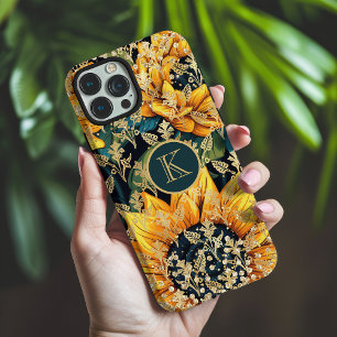 Sonnenblumen-Faux-Gold-Glitter-Monogramm-Blumenmus iPhone 16 Pro Max Hülle