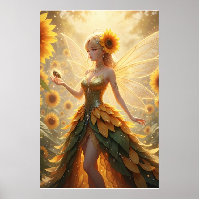 Sonnenblumen-Fee-Fantasie-Illustrationsposter Poster (Vorne)