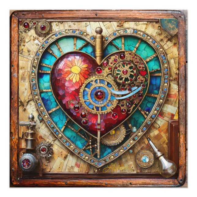 Sonnenblumen Festglass Herz Steampunk Serie Fotodruck (Vorne)