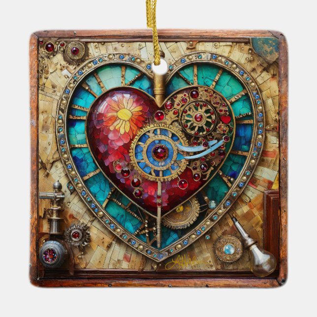 Sonnenblumen Festglass Herz Steampunk Serie Keramikornament (Vorderseite)