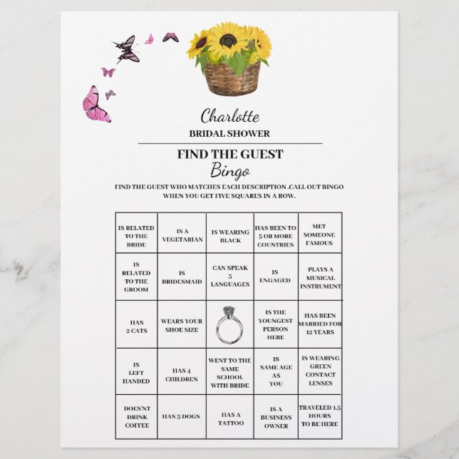 Sonnenblumen finden Sie das Brautparty Bingo Flyer (Vorne)