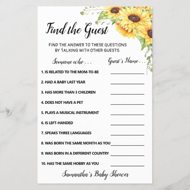 Sonnenblumen Finden Sie die Baby Shower Game Card Flyer (Vorne)