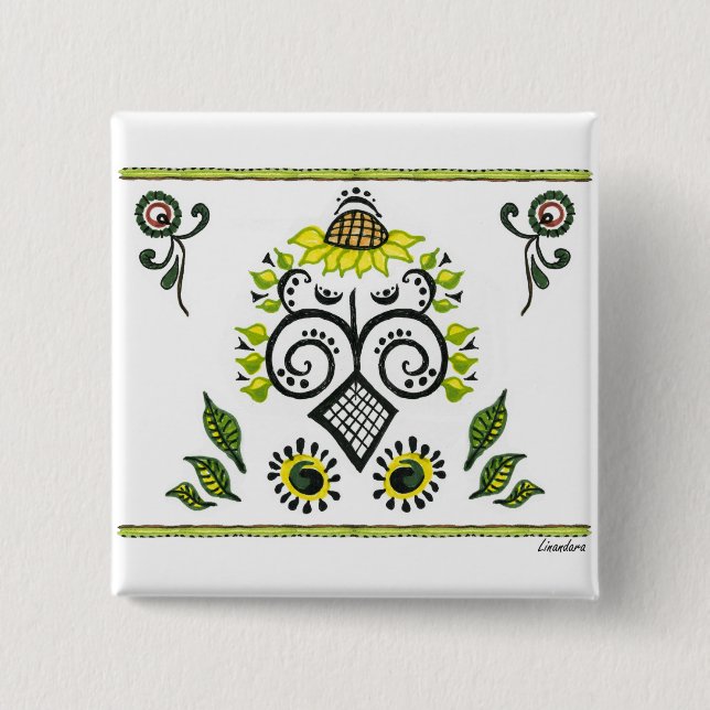 Sonnenblumen Folk Pattern von Alexandra Cook Button (Vorderseite)
