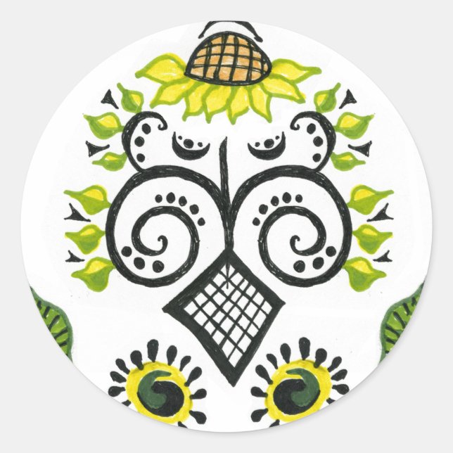 Sonnenblumen Folk Pattern von Alexandra Cook Runder Aufkleber (Vorderseite)