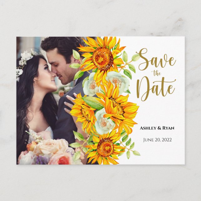 Sonnenblumen-Foto Hochzeit Speichern Sie das Datum Ankündigungspostkarte (Vorderseite)