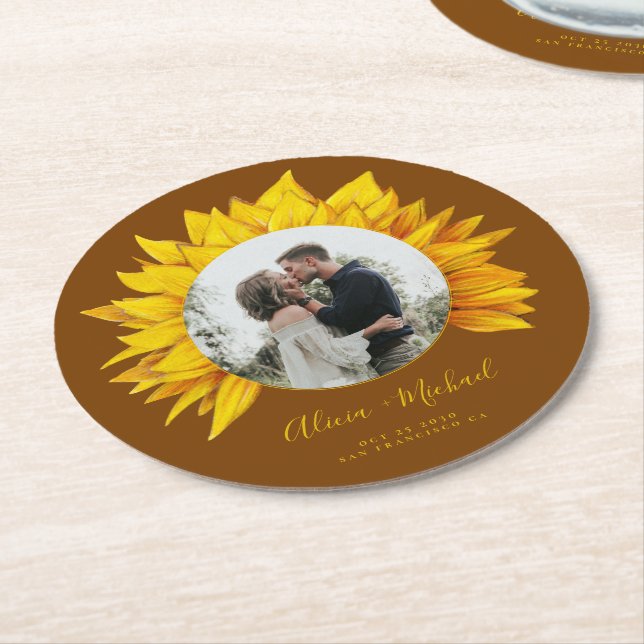 Sonnenblumen Foto rustikale Hochzeit speichern das Runder Pappuntersetzer (Angewinkelt)