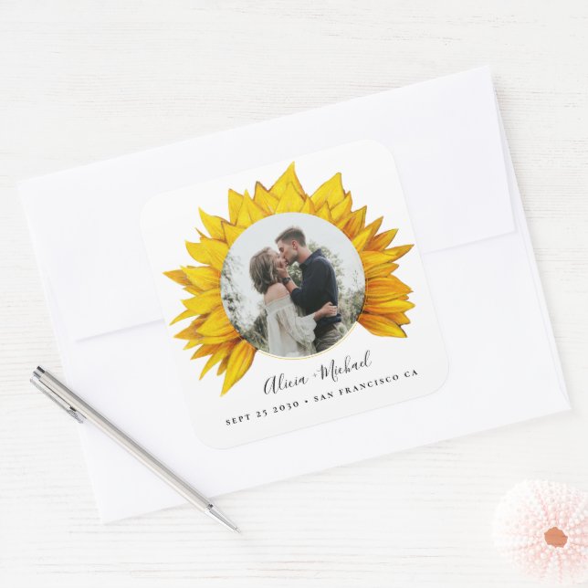 Sonnenblumen Foto rustikale Hochzeit speichern Sie Quadratischer Aufkleber (Umschlag)