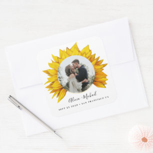 Sonnenblumen Foto rustikale Hochzeit speichern Sie Quadratischer Aufkleber