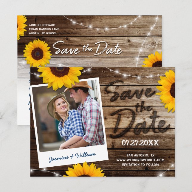 Sonnenblumen Foto Rustikale Holzhochzeit speichern Ankündigungspostkarte (Vorne/Hinten)