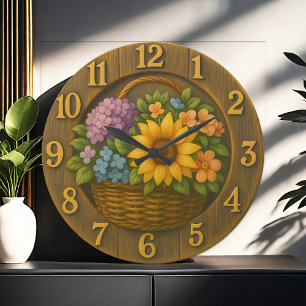Sonnenblumen-Gartenkorb Holzuhr für die Wand Große Wanduhr