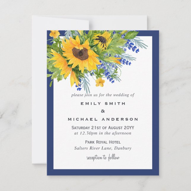 Sonnenblumen Gelb Blauer Hochzeitstag Einladungen (Vorderseite)