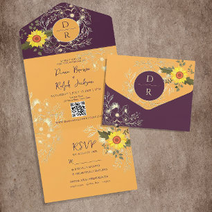 Sonnenblumen-Gelb und Lila Hochzeit All In One Einladung