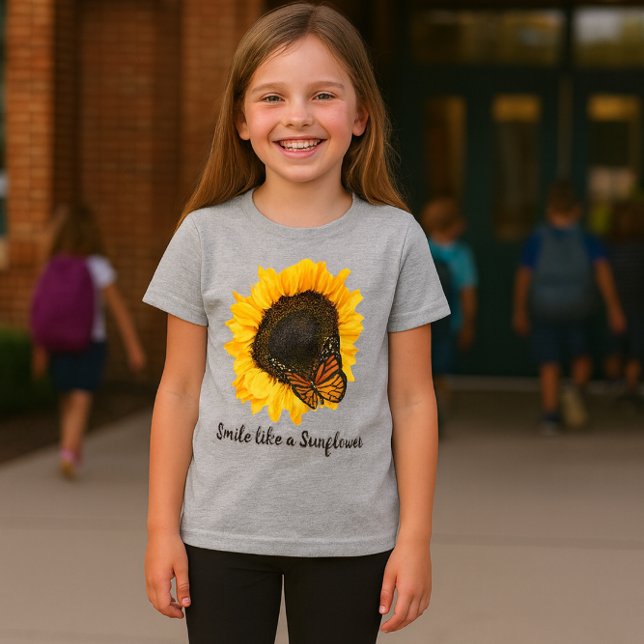 Sonnenblumen Gelbe Blume Girls T - Shirt (Soft heather gray girls tee featuring a cheerful sunflower and butterfly design)