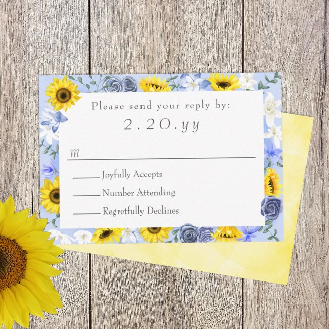 Sonnenblumen, gelbe, dunkelblaue Hochzeitskarte RSVP Karte (sunflowers and dusty blue roses wedding rsvp card, response reply card, yellow blue wedding theme)