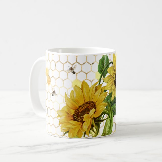 Sonnenblumen Gelbe Honigwabenbienen Gold Kaffeetasse (Vorderseite Links)