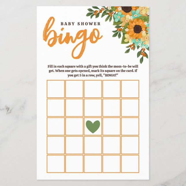 Sonnenblumen Gelbe Minze Blume Kinderdusche Bingo Flyer (Vorne)