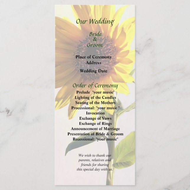 Sonnenblumen genießen das Sonnenhochzeitprogramm Programm (Vorderseite)