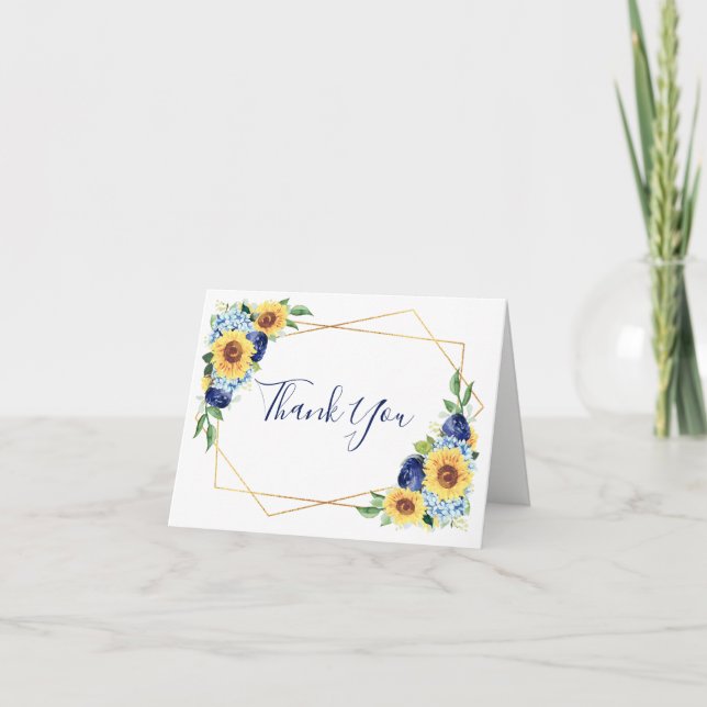 Sonnenblumen Geometric Dusty Blue Navy Floral Wedd Dankeskarte (Vorderseite)