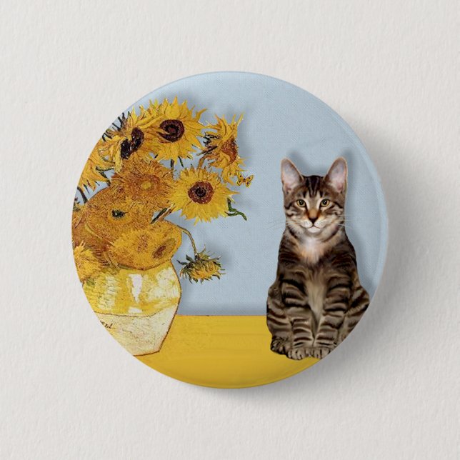 Sonnenblumen - Getigerte Tigerkatze 30 Button (Vorderseite)