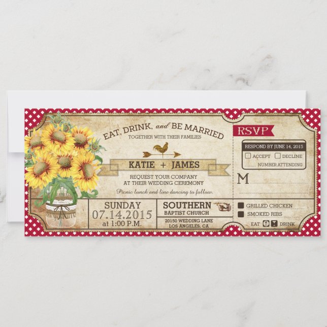 Sonnenblumen Gingham Karo Country Picnic Wedding Einladung (Vorderseite)