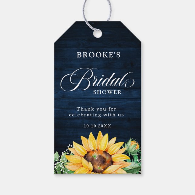 Sonnenblumen Gipskraut Navy Blue Brautparty Geschenkanhänger (Vorderseite)