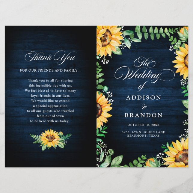 Sonnenblumen Gipskraut Navy Blue Wedding Programm (Vorderseite)