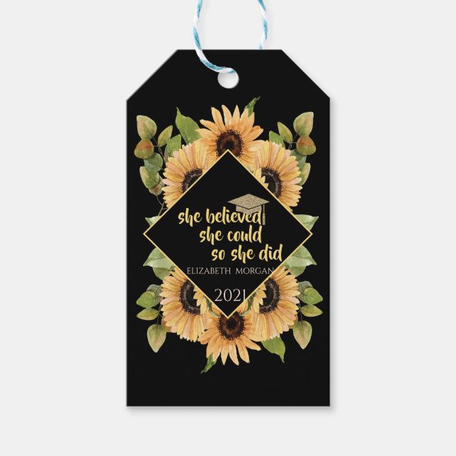 Sonnenblumen Glitzer Graduate Cap Geschenkanhänger (Vorderseite)