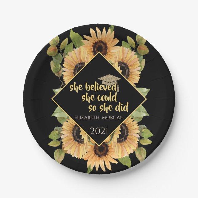 Sonnenblumen Glitzer Graduate Cap Getränkekammer K Pappteller (Vorderseite)
