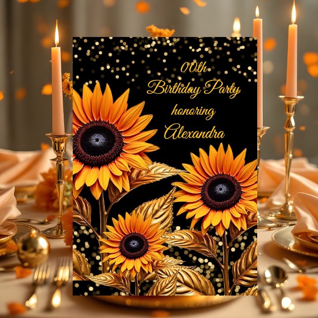 Sonnenblumen Glitzer Orange Gold Black Geburtstag Einladung (Von Creator hochgeladen)