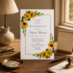 Sonnenblumen Goldrahmen Sweet 16 Party Einladung