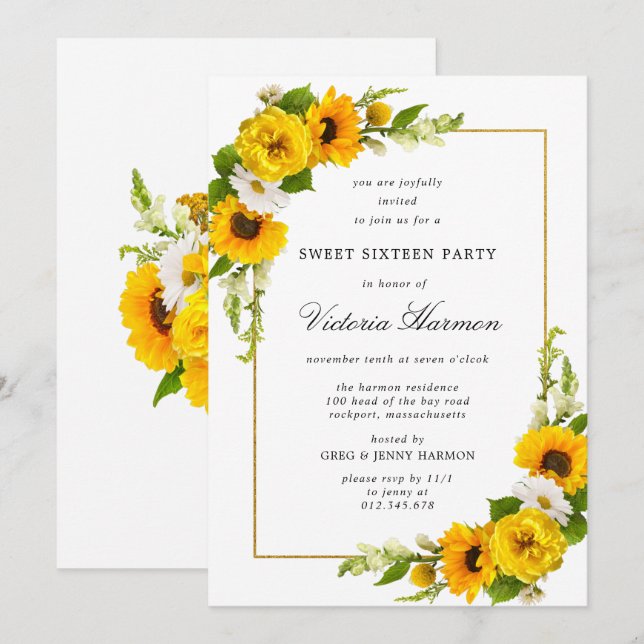 Sonnenblumen Goldrahmen Sweet 16 Party Einladung (Vorne/Hinten)