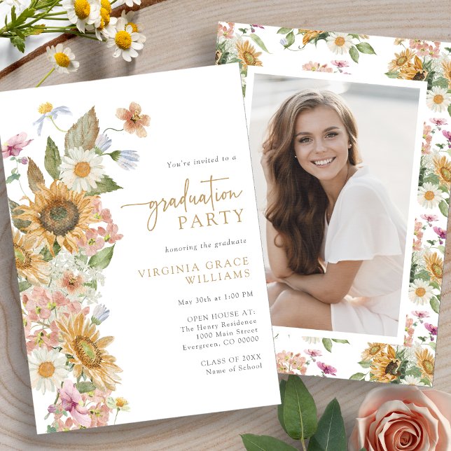 Sonnenblumen-Graduierungspartei Einladung (Watercolor Sunflower Photo Graduation Party Invitation by Painted Paperie
)