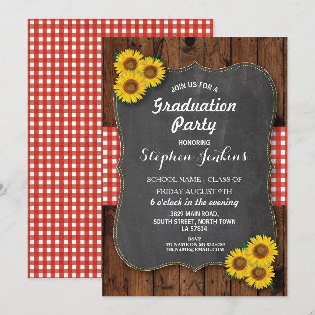 Sonnenblumen Graduierungsparty Rustikales Holz ein Einladung (Vorne/Hinten)