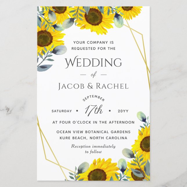 Sonnenblumen Green Gold Geometric Wedding Einladun (Vorderseite)