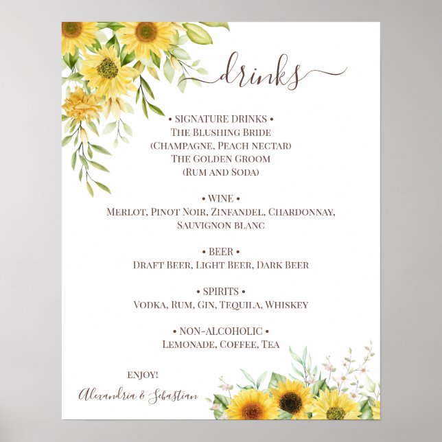 Sonnenblumen-Grün-Hochzeitsgetränke-Menüschild Poster (Vorne)