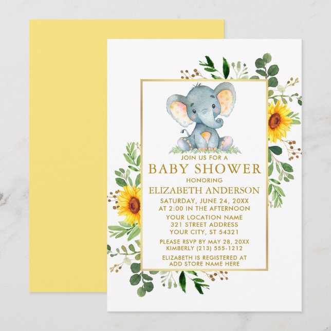 Sonnenblumen Grüne Elephant Baby Dusche Gold Einladung (Vorne/Hinten)