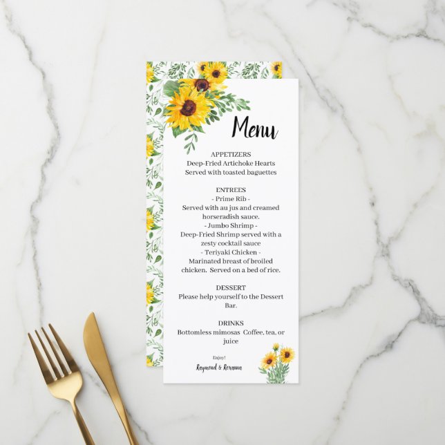 Sonnenblumen Grüne Hochzeit Brautparty Menükarte (Vorderseite/Rückseite Beispiel)