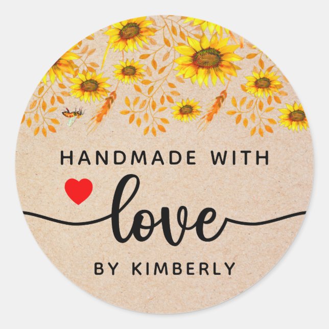 Sonnenblumen Handgefertigt mit Liebe Classic Round Runder Aufkleber (Vorderseite)