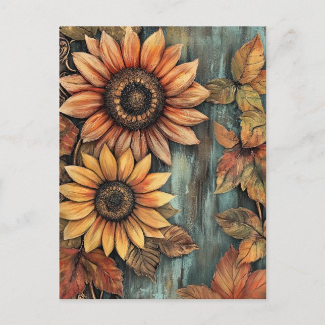 Sonnenblumen Herbst Verlassen gemischte Medien Postkarte (Vorderseite)
