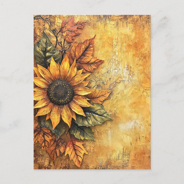 Sonnenblumen Herbst Verlassen gemischte Medien Postkarte (Vorderseite)