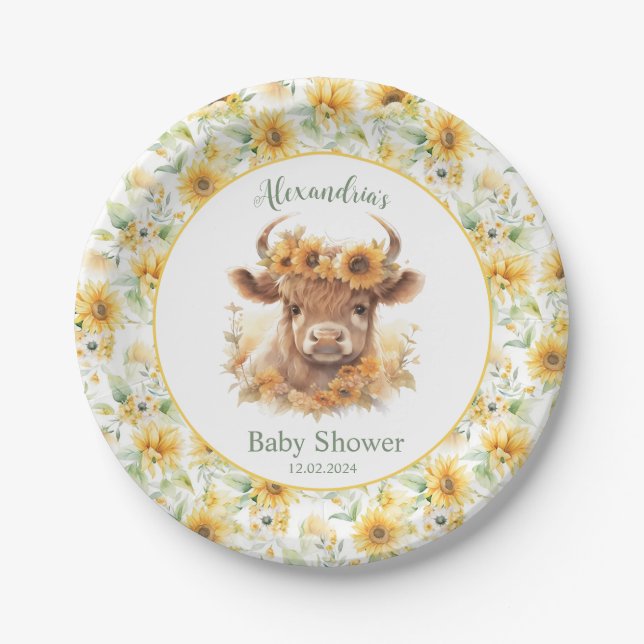 Sonnenblumen Hochland Kuh Babydusche Papierplatte Pappteller (Vorderseite)