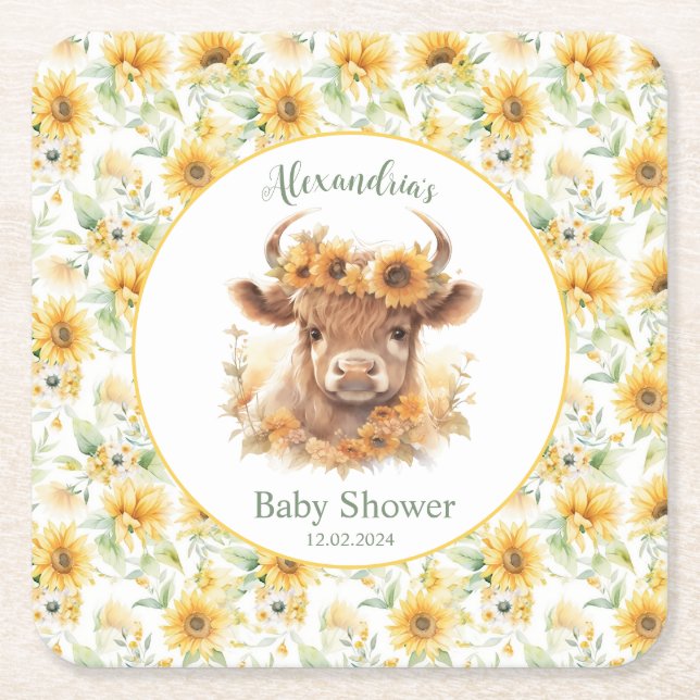 Sonnenblumen Hochland Kuh Babydusche Untersetzer (Vorderseite)