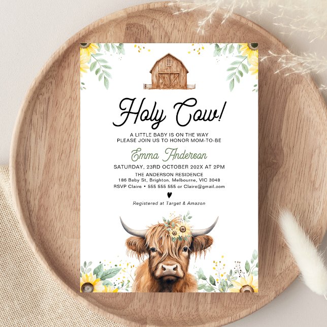 Sonnenblumen Hochland Kuh Heilige Kuh Baby Dusche Einladung (Holy Cow Baby Shower Invitation, Gender Neutral Baby Shower Invite, Highland Cow, Yellow Sunflowers )