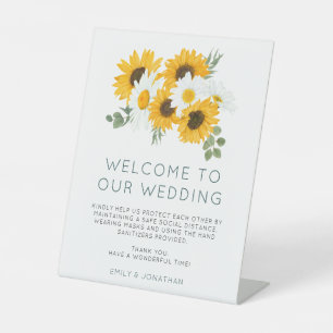 Sonnenblumen Hochzeit Begrüßung COVID Sicherheit Sockelschild