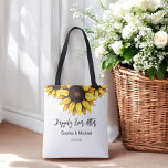 Sonnenblumen Hochzeit glücklich je nach Tasche<br><div class="desc">Sonnenblumen Hochzeitstasche mit den Worten Happily Ever After und Watercolor Blütenblume Kunst,  Gastgeschenke Hochzeiten,  Brautparty Favors. Mehr Produkte mit diesem Design sind in der folgenden Kollektion zu finden.</div>