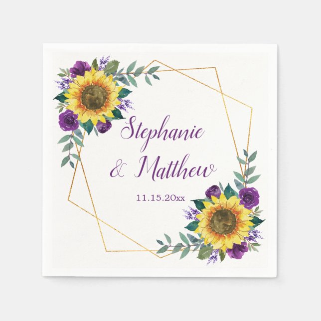 Sonnenblumen Hochzeit Lila Blumen Elegante Serviette (Vorderseite)