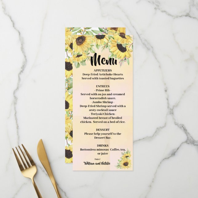 Sonnenblumen Hochzeiten-Brautparty-Menü Menükarte (Vorderseite/Rückseite Beispiel)