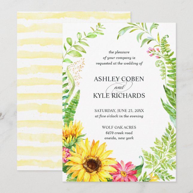 Sonnenblumen Hochzeitseinladung mit Blumenrahmen Einladung (Vorne/Hinten)