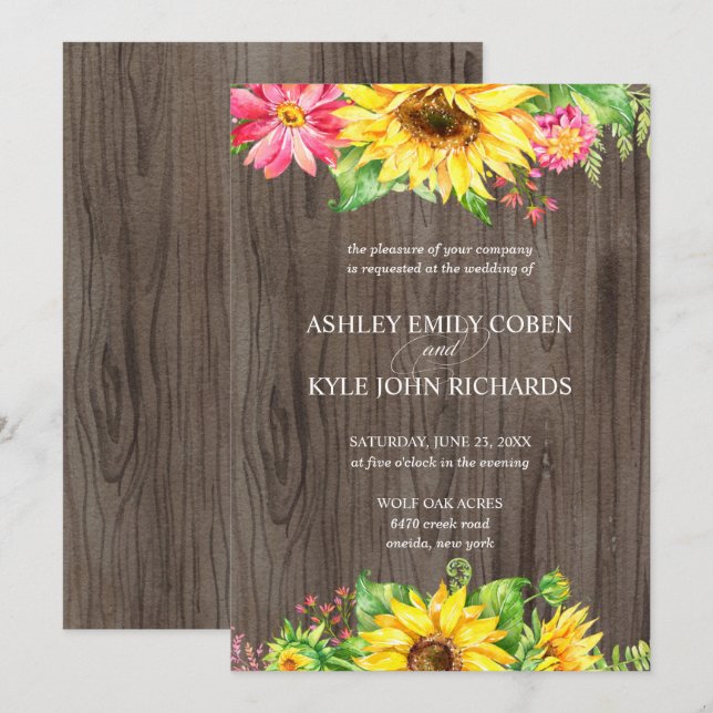 Sonnenblumen Hochzeitseinladung mit Holz Hintergru Einladung (Vorne/Hinten)